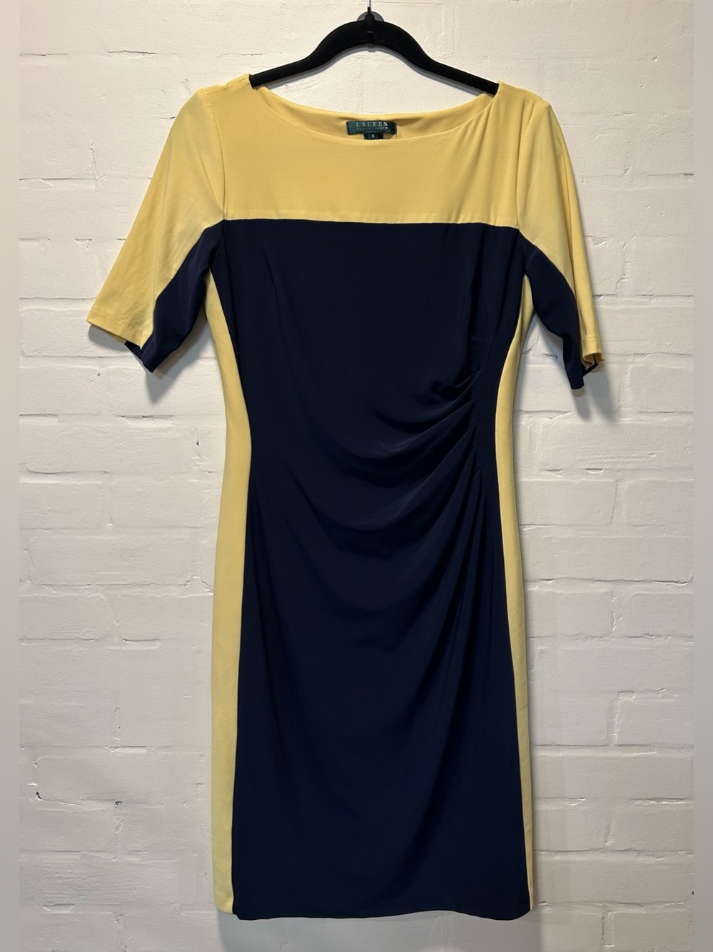 Lauren Ralph Lauren Navy Yellow Colorblock Ruched Sheath Dress 8